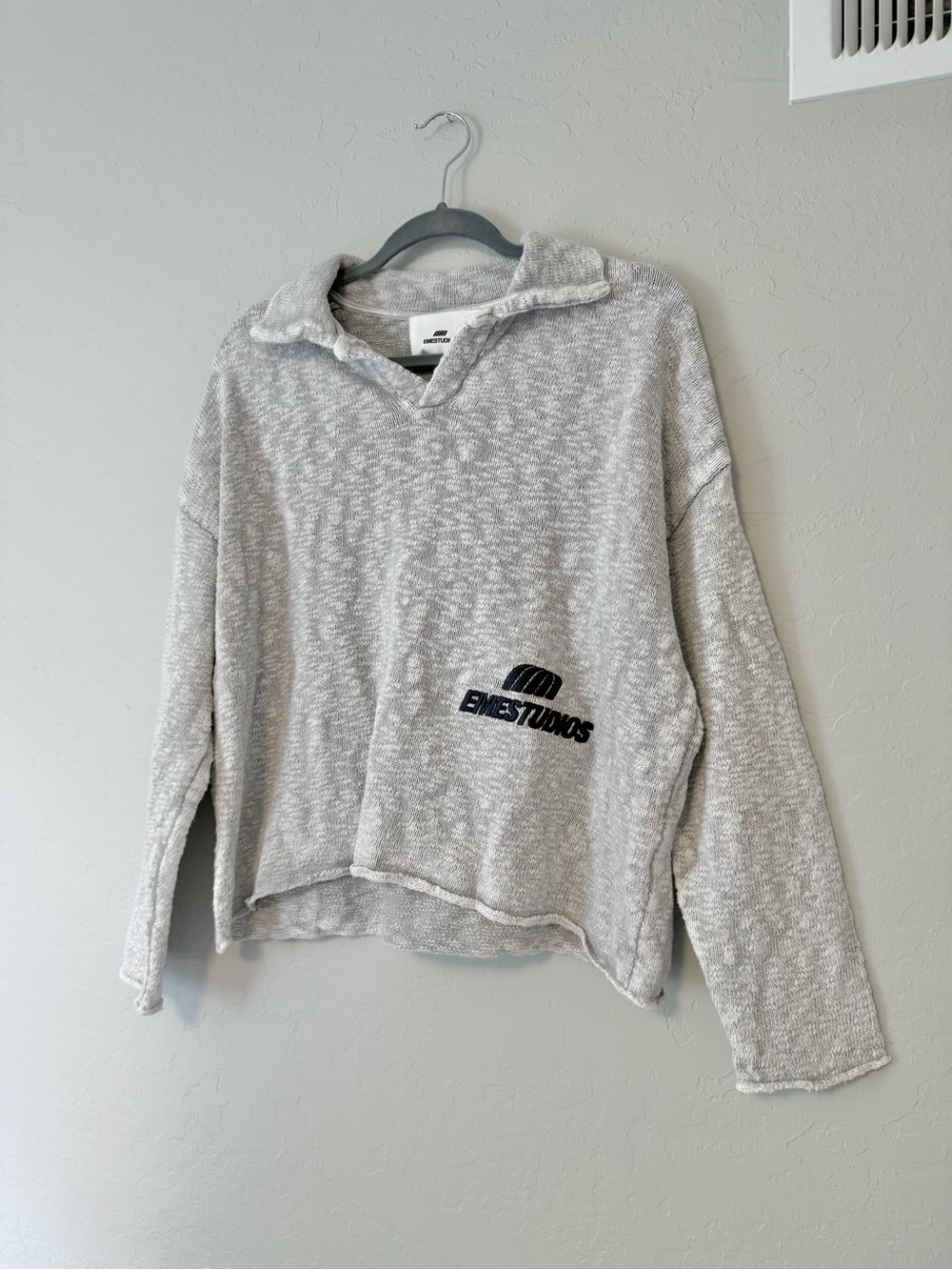 EME Studios Kiff Grey Distressed Knit Polo Sweater Size XS Oversized - Picture 7 of 10
